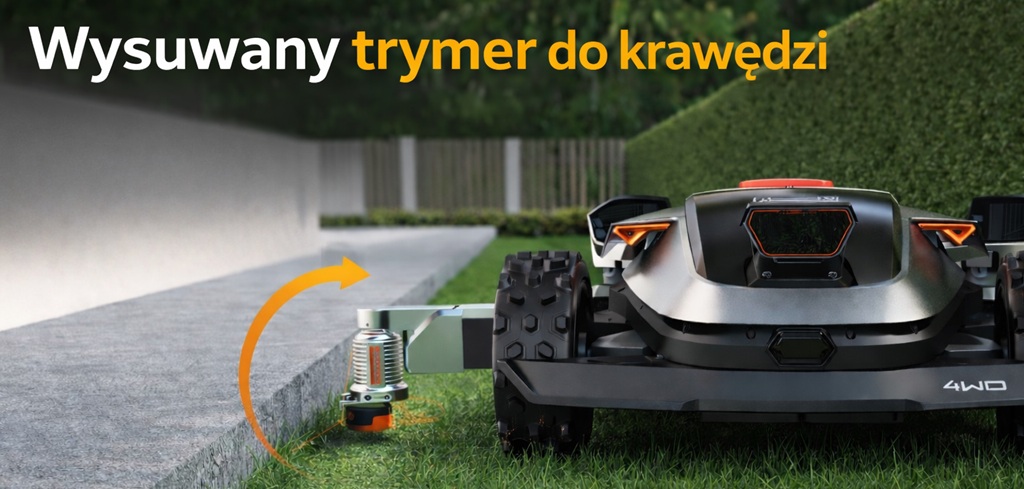 wysuwana przystawka, trymer, podcinarka do krawędzi trawnika w sunseeker x9. Komercyjnym robocie koszącym