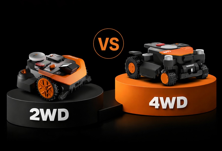 orównanie robotów koszących Worx Vision Cloud 2WD i 4WD na czarnym tle – poradnik jak dobrać automatyczną kosiarkę Worx