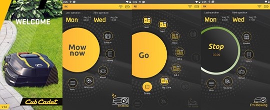 Nowa aplikacja Cub Cadet 3.0 przeznaczona jest do obsługi zrobotyzowanej kosiarki ułatwiająca szybkie i sprawne ustawienie wielu parametrów robota. Aplikacja łączy robota za pomocą modułu bluetooth. Z panelu ustawień możemy ustawić PIN, harmonogram pracy, areał koszenia, powrót z kabla, czas pracy... 