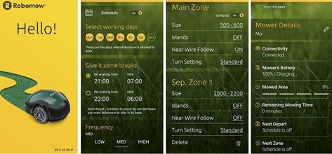 Nowa aplikacja Robomow 3.0 przeznaczona jest do obsługi zrobotyzowanej kosiarki ułatwiająca szybkie i sprawne ustawienie wielu parametrów robota. Aplikacja łączy robota za pomocą modułu bluetooth. Z panelu ustawień możemy ustawić PIN, harmonogram pracy, areał koszenia, powrót z kabla, czas pracy... 