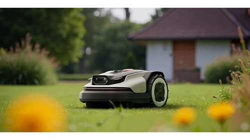 Robot koszący Roborock poruszający się po zielonym, zadbanym trawniku Kup już dziś a jutro ciesz się pięknie skoszonym trawnikiem! 