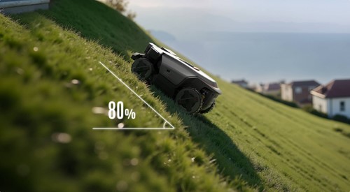 Robot koszący Roborock RockMow Z150 AWD z systemem VSLAM pracujący w dużym ogrodzie na nierównym terenie - kup teraz