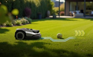 Robot koszący Roborock poruszający się po zielonym, zadbanym trawniku Kup już dziś a jutro ciesz się pięknie skoszonym trawnikiem! 